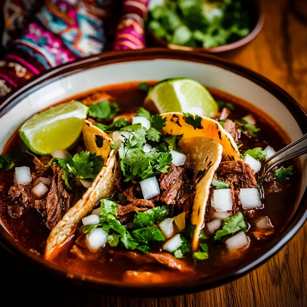 Birria tacos made with beef cheek meat, served with consommé and garnished with cilantro and onions