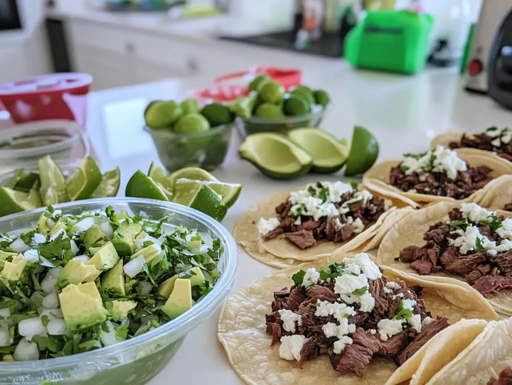 Table spread of beef cheek tacos with fresh toppings like onions, queso fresco, salsa verde, and avocado