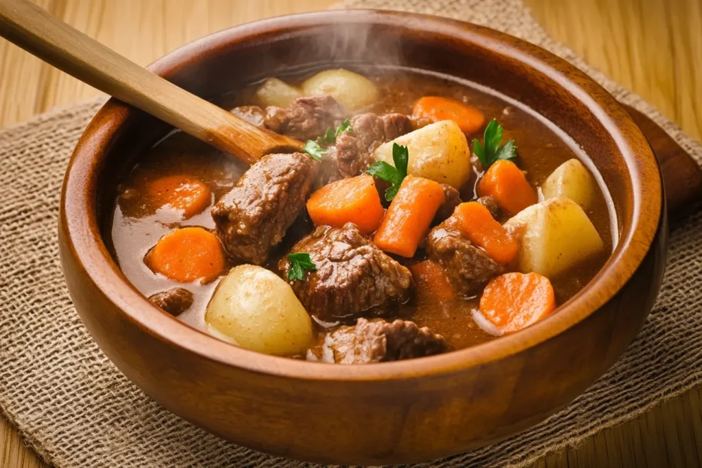 A close-up of a bowl of beef stew thickened with roux, featuring tender beef, potatoes, and carrots in a rich broth.