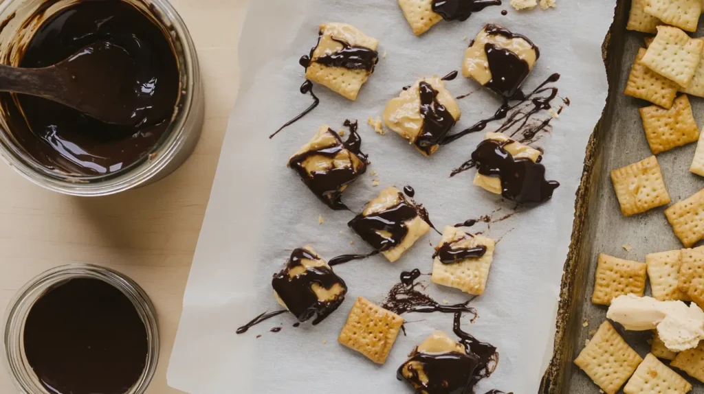 Featured image of best recipe for cheez it peanut butter and chocolate, half-dipped in melted chocolate, with peanut butter and Cheez-Its nearby