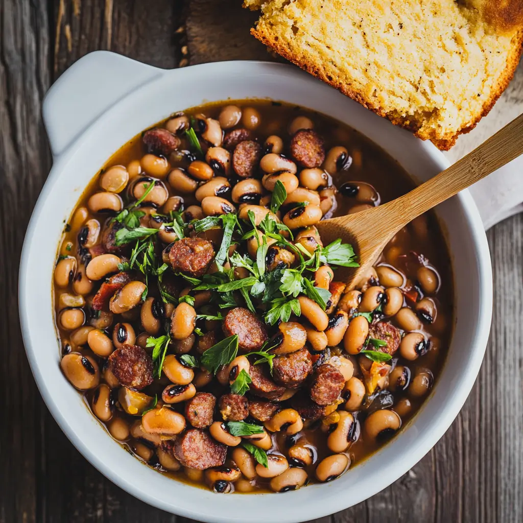 Bowl of black-eyed peas with sausage, garnished with fresh herbs, served with cornbread