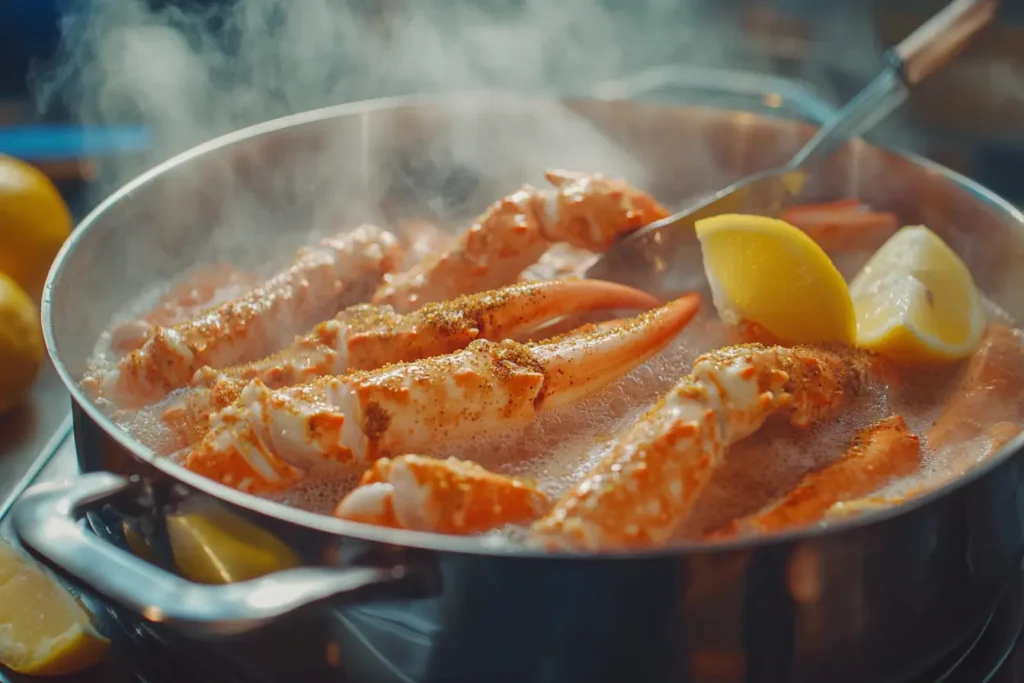 Snow crab legs boiling in a pot with steam rising.