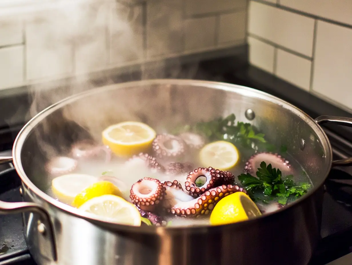 Baby octopus braising in a pot with lemon, garlic, parsley, and bay leaves, steam rising from the stovetop