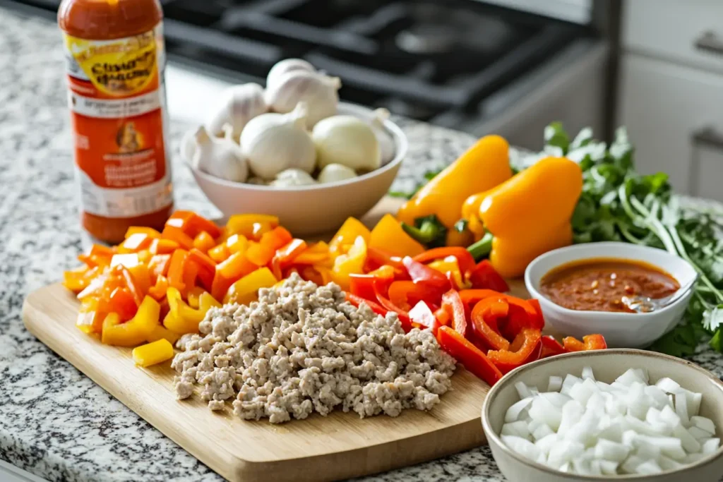 A colorful display of fresh vegetables and ground chicken ready to make flavorful Cajun Chicken Sloppy Joes.