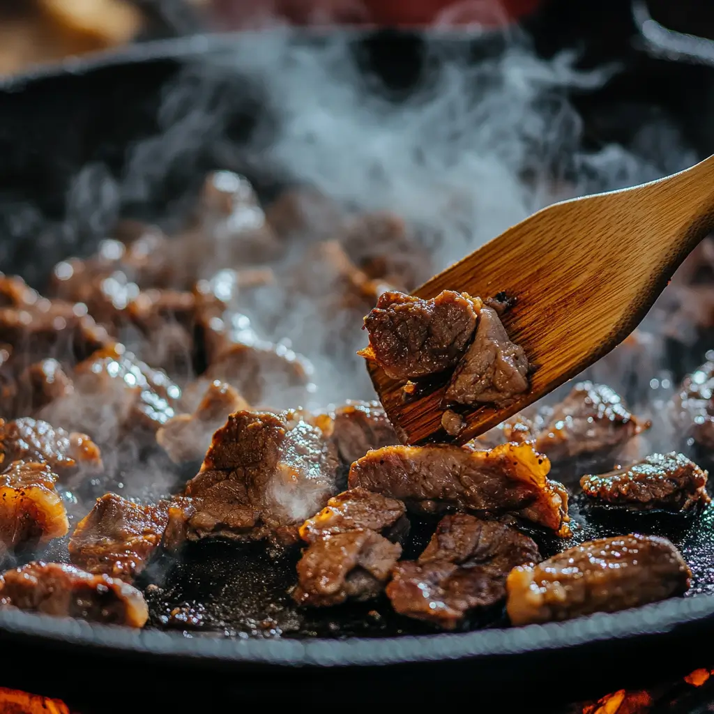 Close-up of pork and beef sizzling on a traditional plowing disc, with steam rising as they brown.