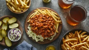 A delicious spread of Cajun Chicken Sloppy Joes with crispy fries,