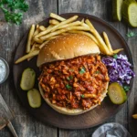 A spread of Cajun Chicken Sloppy Joes with classic sides like fries, coleslaw, and pickles.