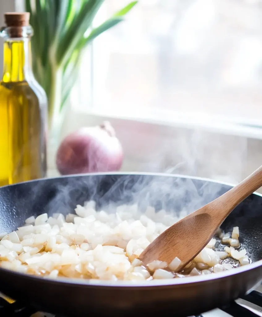 Golden brown caramelized onions sizzling in a skillet, stirred with a wooden spoon.