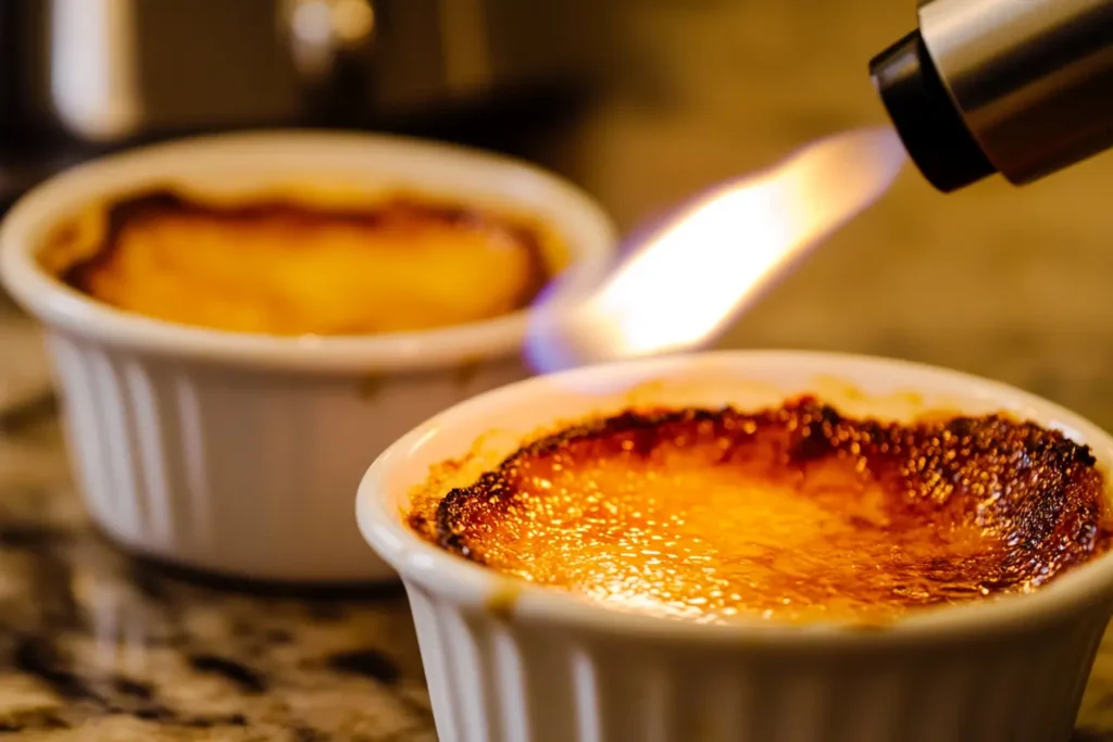 Caramelizing sugar on crab brulee with a blow torch, creating a golden crust on a marble surface.