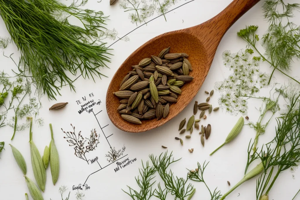 The caraway plant showing seeds in a spoon, fresh leaves, and roots, arranged for educational purposes