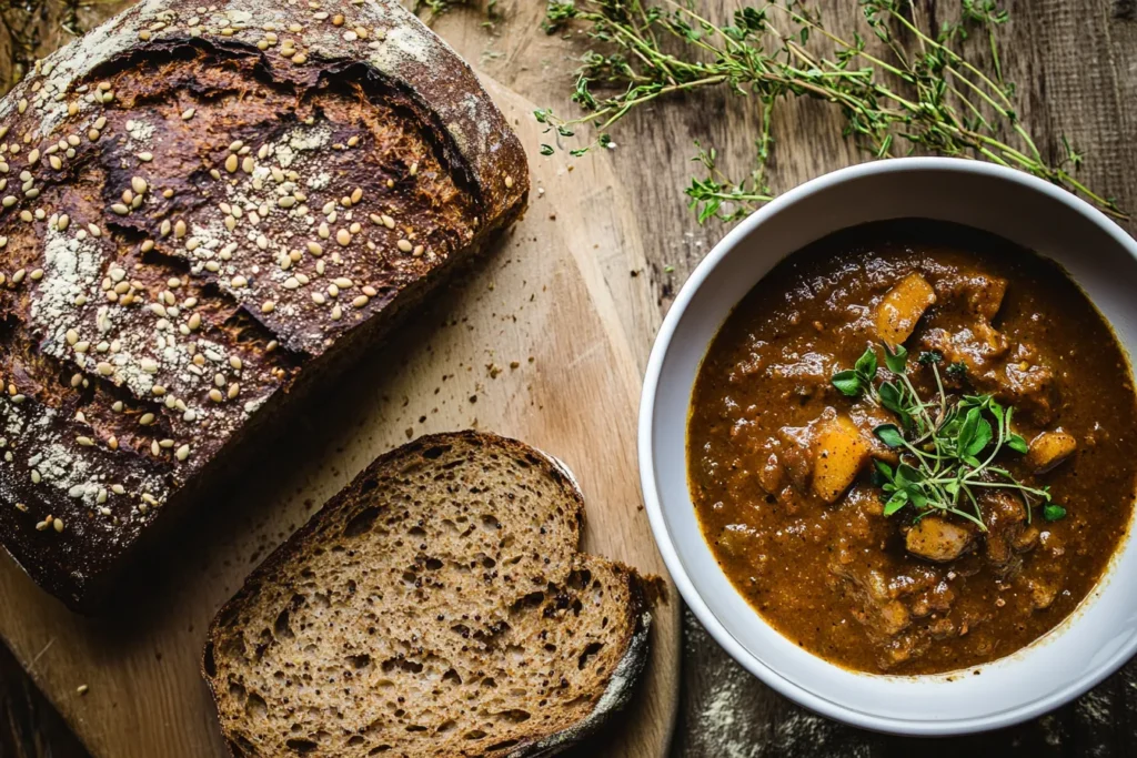 Freshly baked rye bread topped with caraway seeds, served with a hearty caraway-seasoned stew and garnished with herbs.