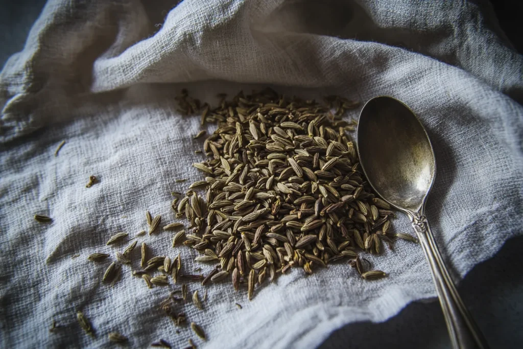 A close-up of caraway seeds with fennel, cumin, and anise on a textured cloth with a tasting spoon