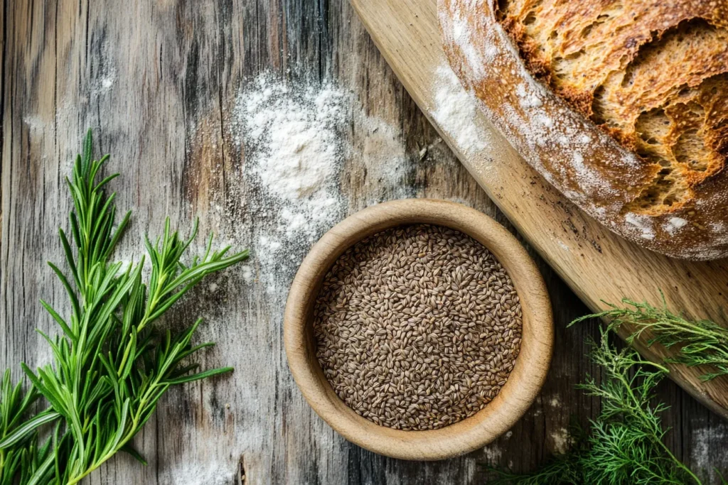 Caraway seeds in a small bowl on a rustic wooden table with fresh caraway leaves and rye bread nearby.