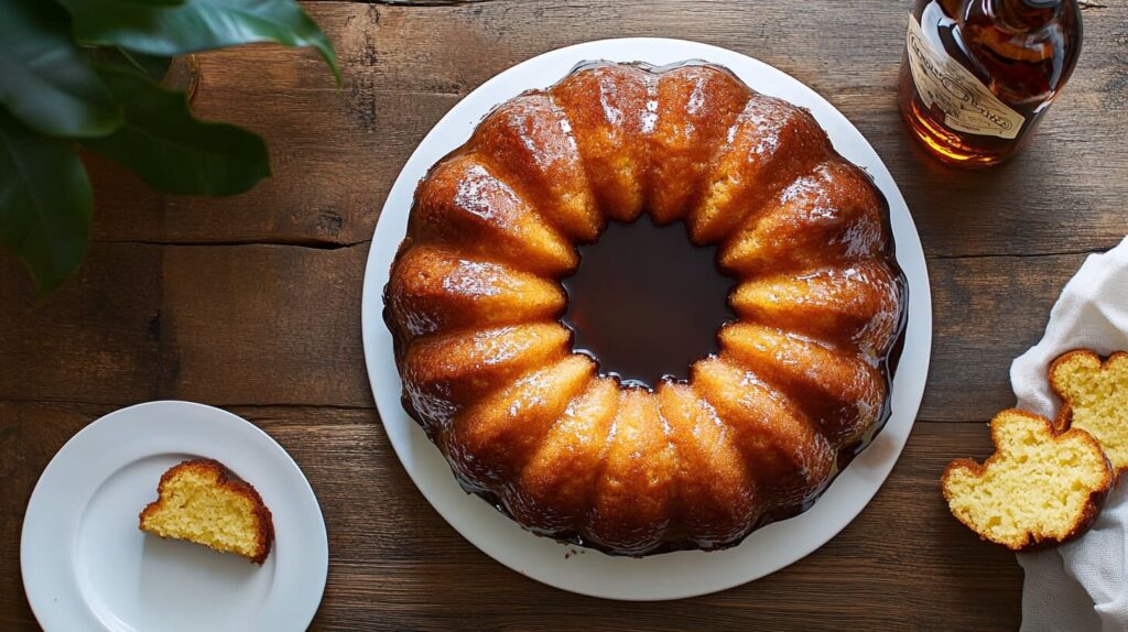 Caribbean festival rum cake with a golden-brown crust and rich rum glaze on a wooden table.