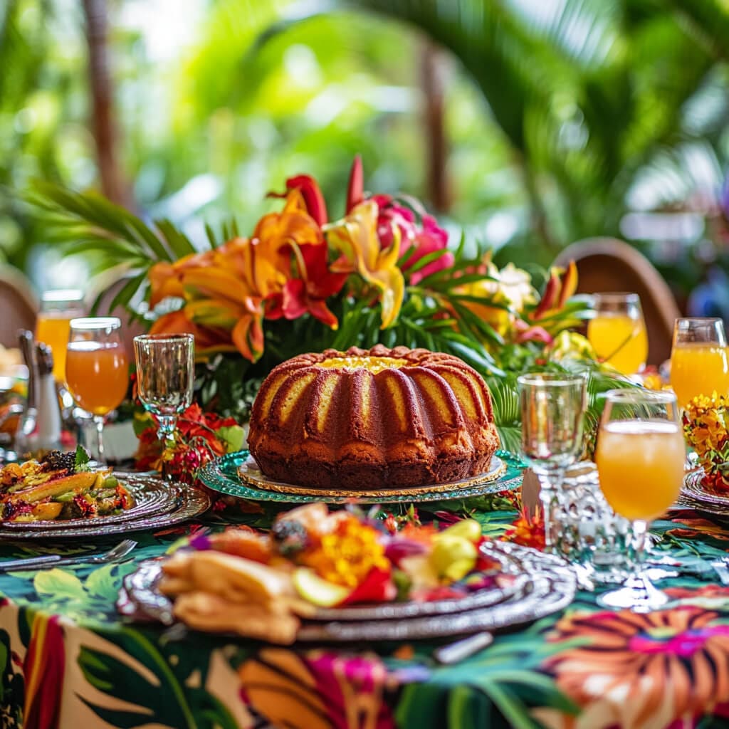 A beautifully decorated table with caribbean festival rum cake recipe at a festive celebration.