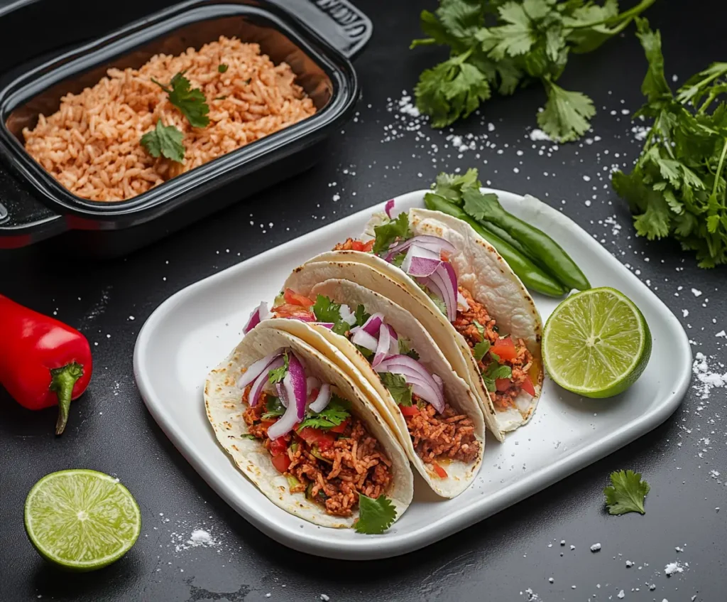 Carne deshebrada tacos with cilantro, onions, and lime, served alongside rice and beans.