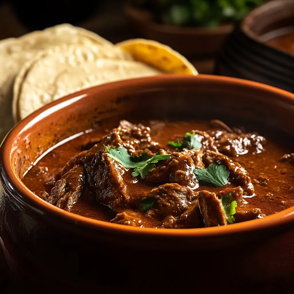 Carne deshebrada in a smoky red sauce served with fresh corn tortillas.