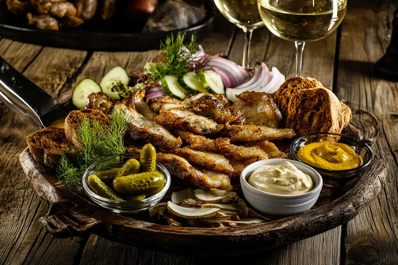 A celebratory platter of Matjes served with various toppings and side dishes