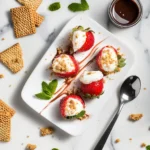 Fresh deviled strawberries filled with creamy cheesecake and topped with graham cracker crumbs on a serving plate