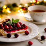 A slice of cherry cranberry pie garnished with a mint leaf and fresh cranberries, served on a white plate.