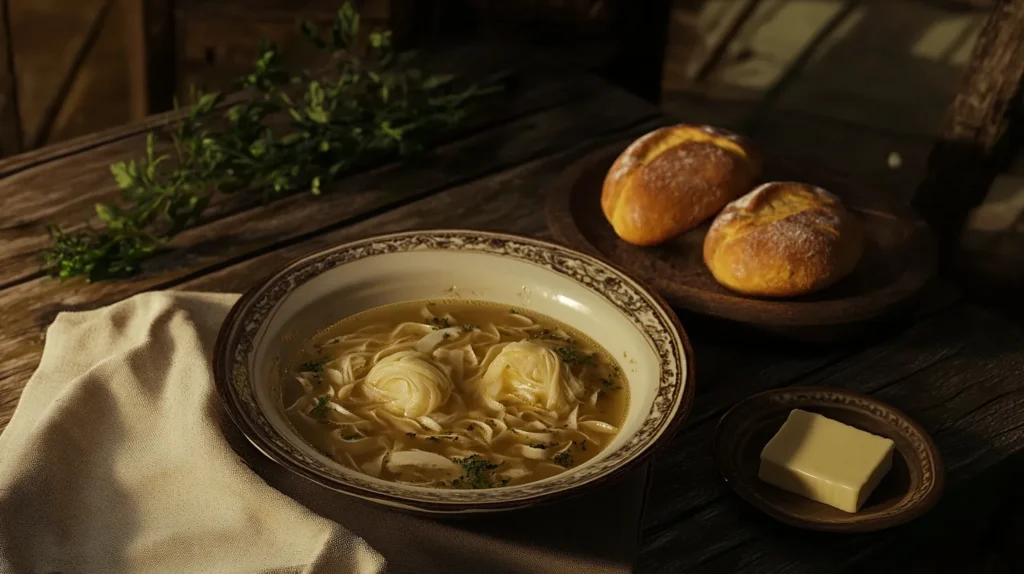 Chicken noodle soup served with crusty bread rolls on a rustic table.