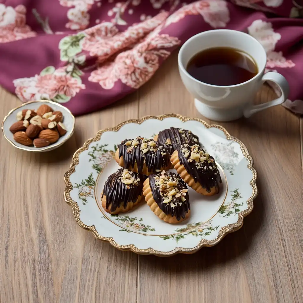 A Madeleine cookie cut in half on a white plate, with lemon zest and vanilla pods nearby