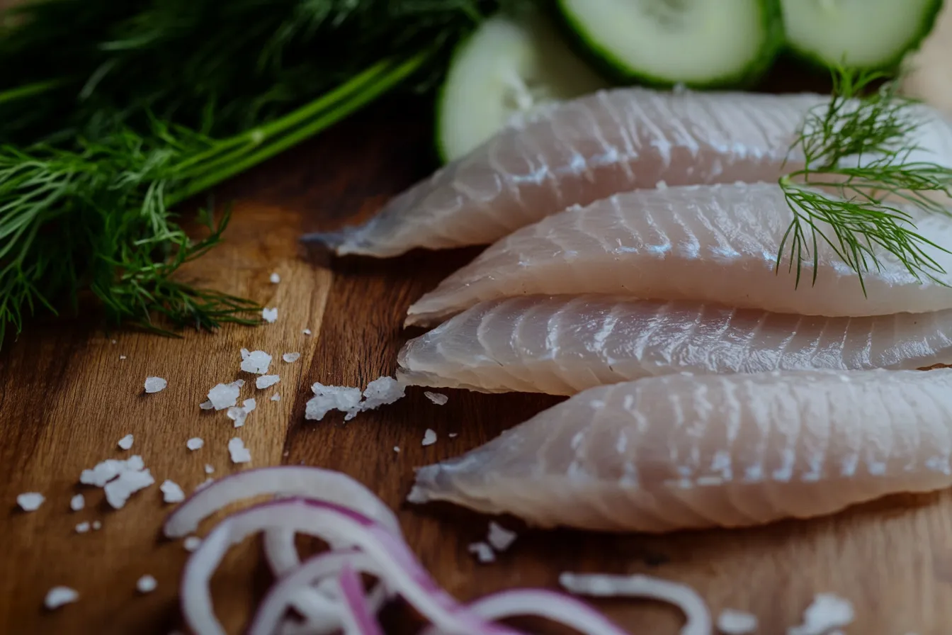 Close-up of fresh Matjes herring fillets on a wooden board with onions and dill