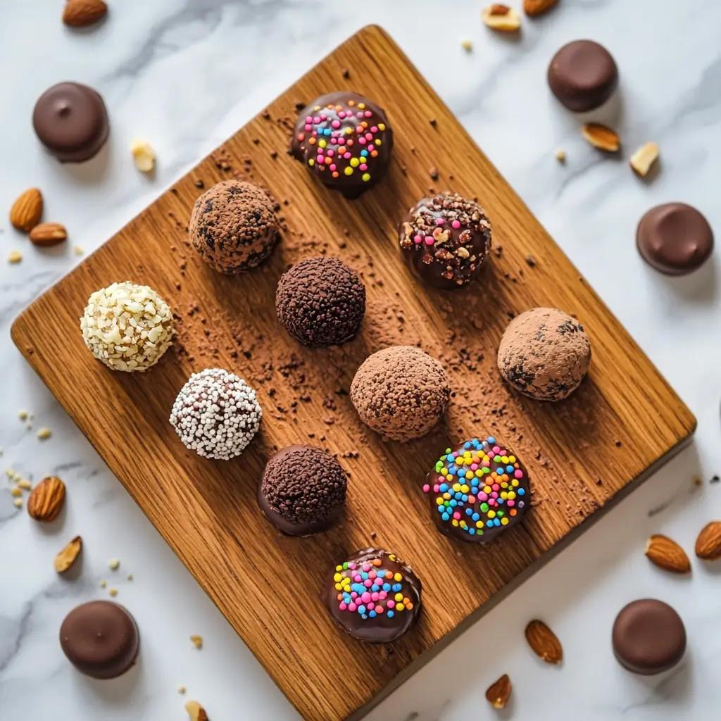 Assorted truffle chocolates coated with cocoa powder, nuts, and sprinkles on a wooden board.