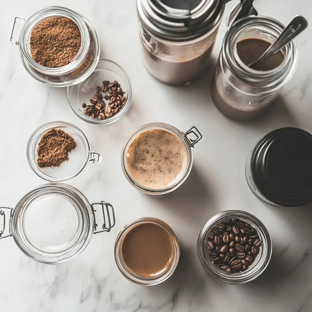 Coffee loophole drink stored in labeled glass jars, ready to be enjoyed for weight loss benefits.