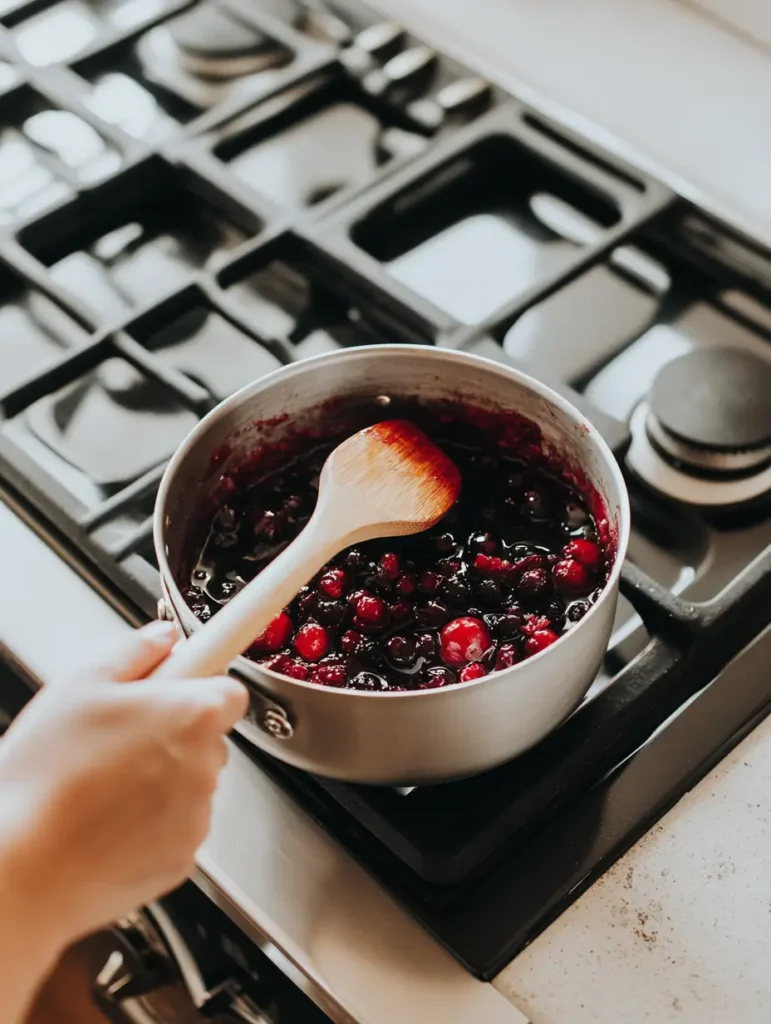 A simmering saucepan of cherry-cranberry sauce with steam rising, releasing the aroma of sweet and tangy flavors.