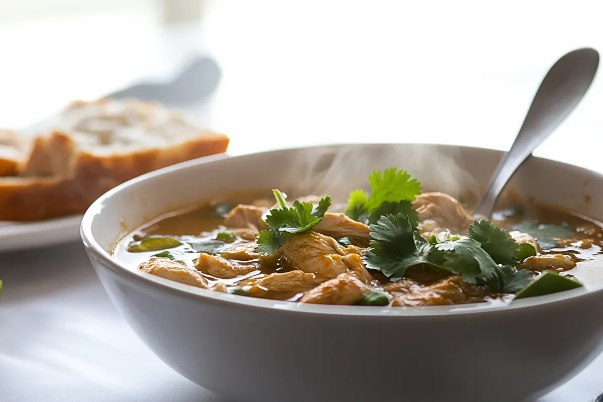 A bowl of consome de pollo with chicken, carrots, celery, and cilantro served with lime wedges on a rustic table.