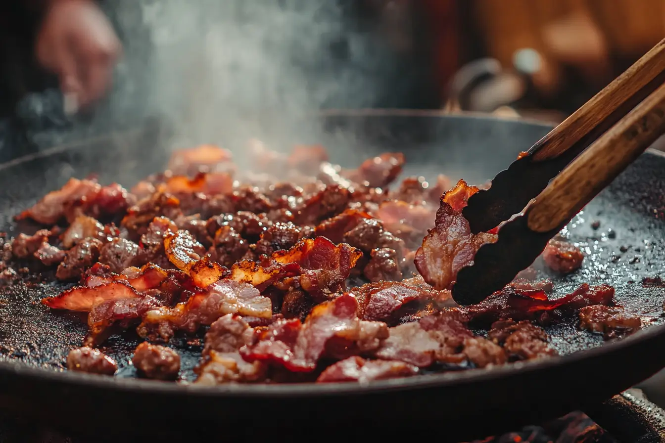 Close-up of bacon and chorizo cooking on a traditional plowing disc with glistening rendered fat.