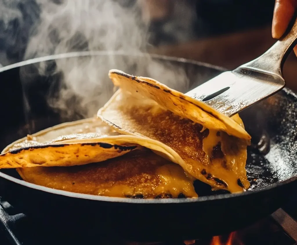 Quesabirria tacos frying in a cast iron skillet with golden edges, bubbling cheese, and steam rising for irresistible flavor