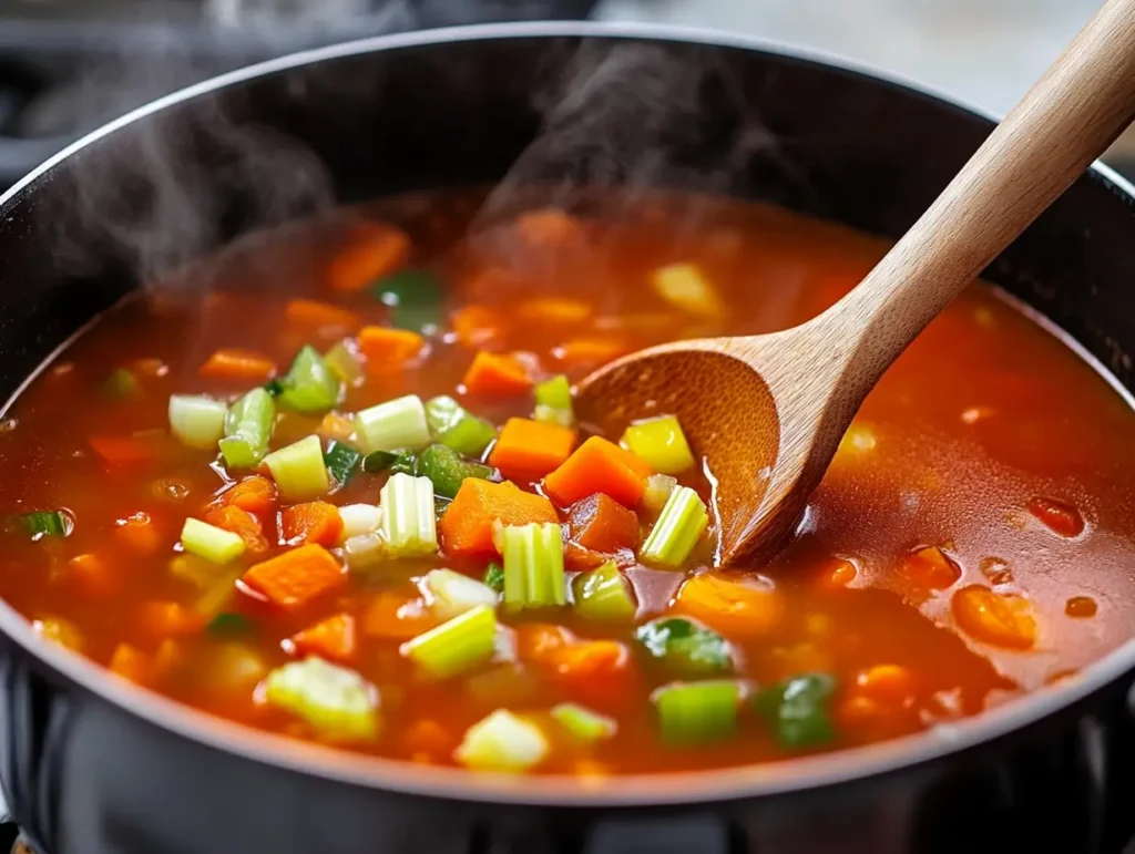 A rich, simmering tomato broth with fresh vegetables, preparing the perfect base for porcupine soup.