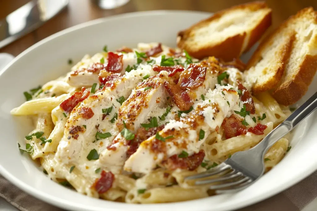 A bowl of crack chicken penne pasta garnished with parsley and bacon, served with garlic bread on the side.