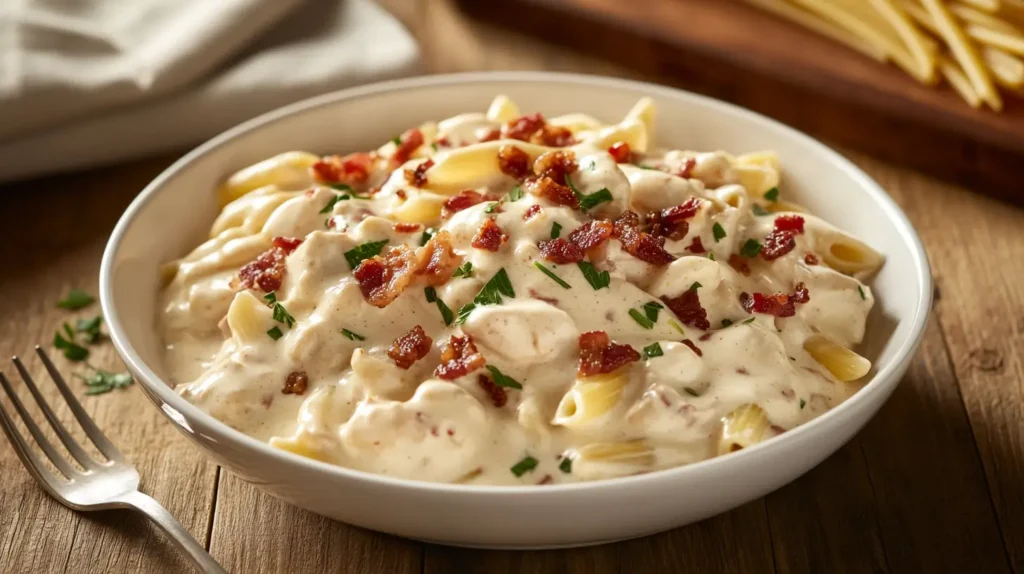 Crack chicken penne served in a white ceramic bowl, topped with crispy bacon and fresh parsley on a wooden countertop.