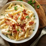 Creamy crack chicken penne pasta in a white bowl, topped with crispy bacon and parsley, served on a marble kitchen counter.