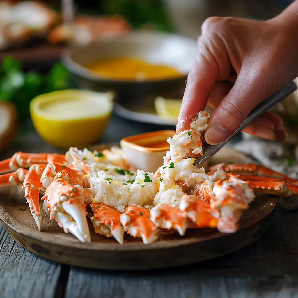 Hands cracking a snow crab leg with a seafood cracker.