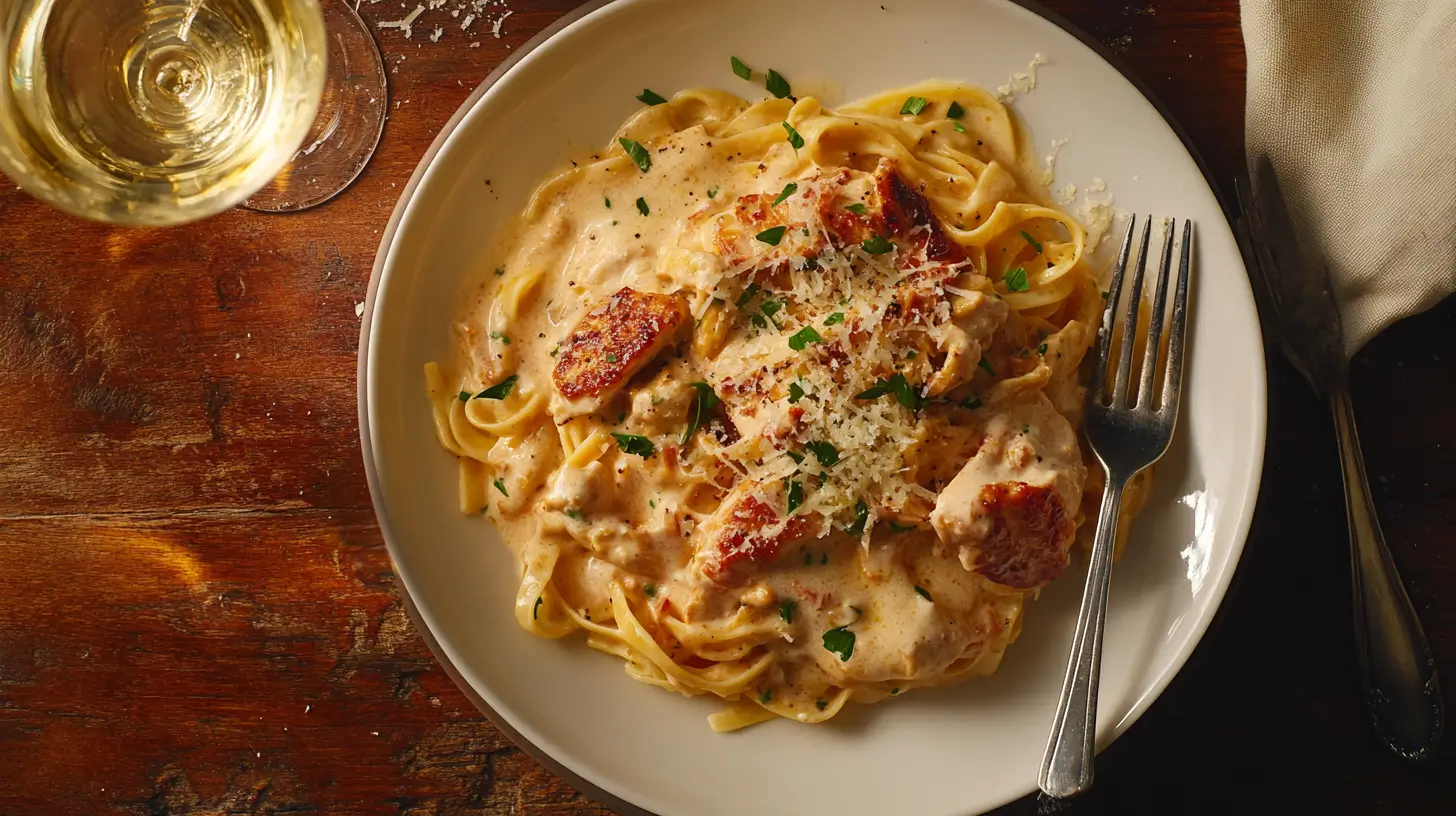 A creamy plate of garlic Parmesan chicken pasta garnished with fresh parsley and Parmesan cheese, served on a rustic table.