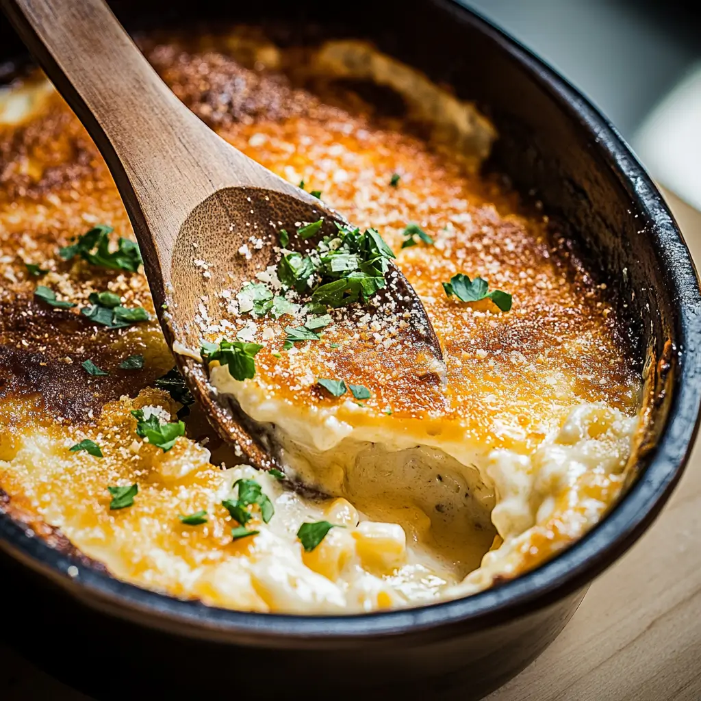 Bubbling baked macaroni and cheese with a golden crust, garnished with fresh herbs