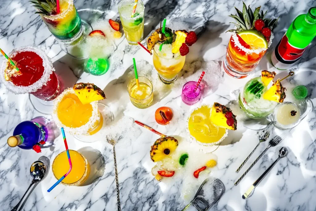 Variations of Jäger Bombs and Vegas Bombs with colorful garnishes and creative twists on a marble counter