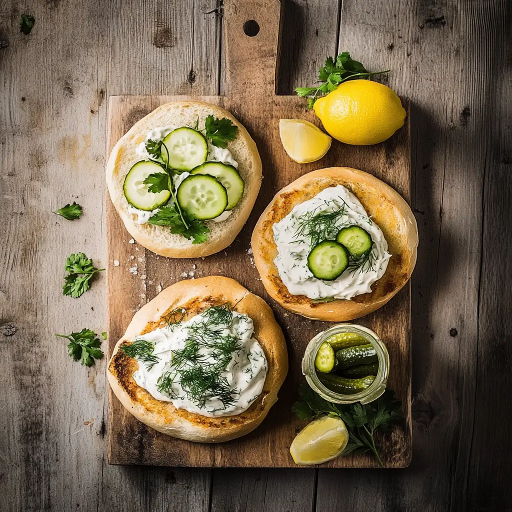 Three variations of Matjesbrötchen recipe with creative toppings, including creamy dill sauce, jalapeños, and cucumbers.