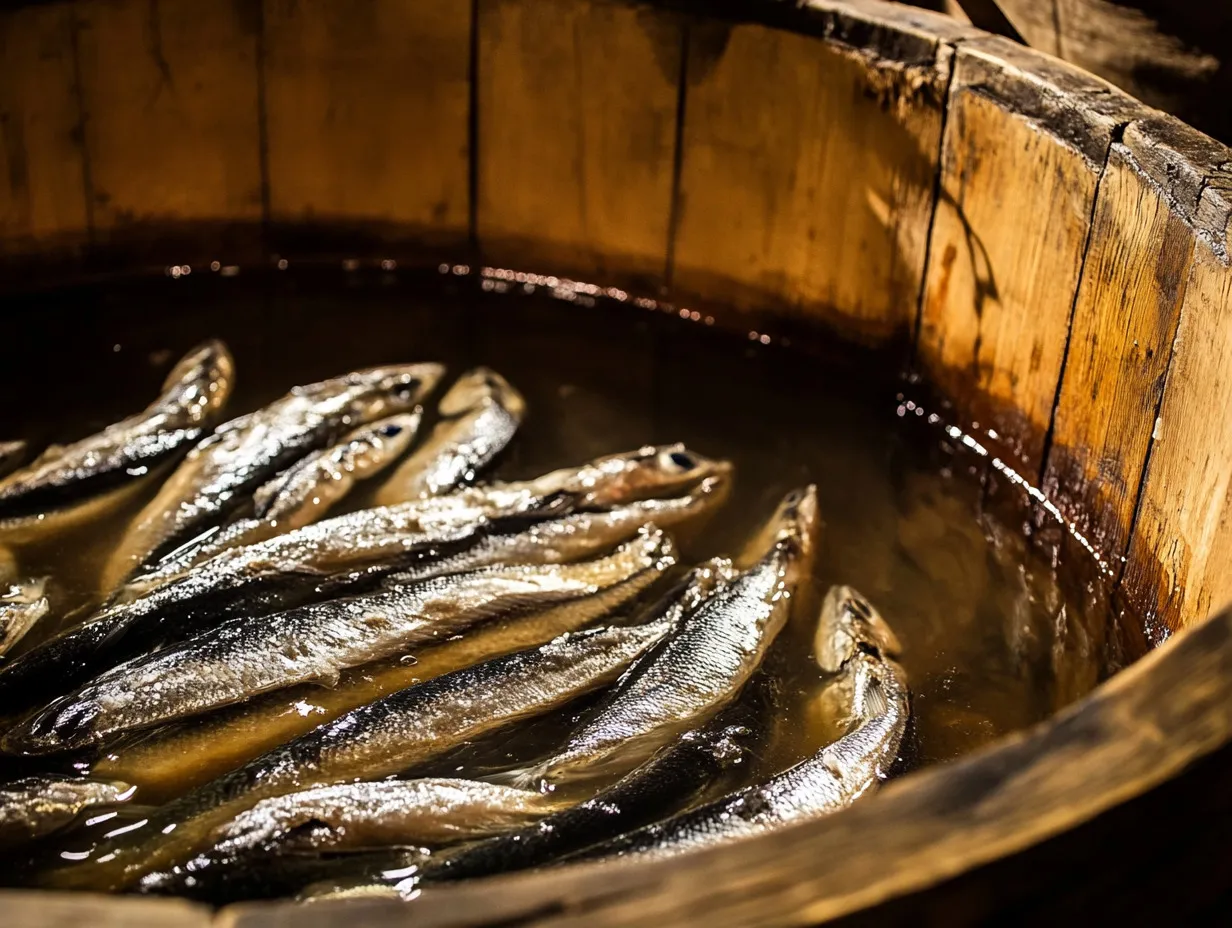 Matjes herring being cured in a wooden barrel with brine, vinegar, and spices