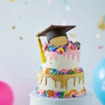 A stunning tiered graduation cake decorated with fondant and colorful frosting, perfect for celebratory parties