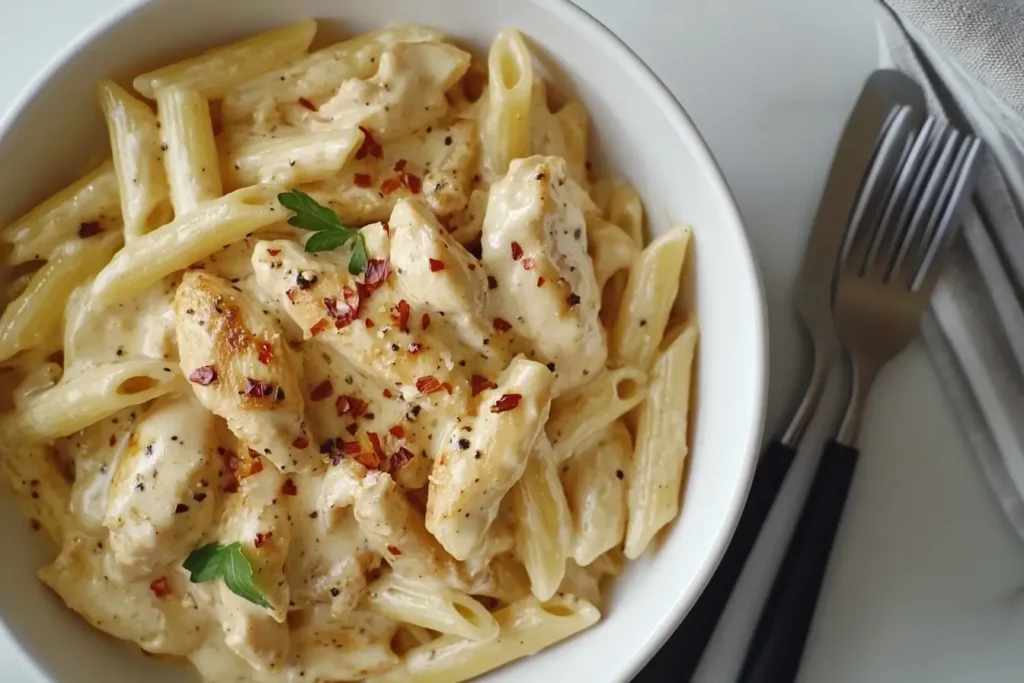 A bowl of garlic Parmesan chicken pasta with creamy sauce and red pepper flakes on a marble countertop.