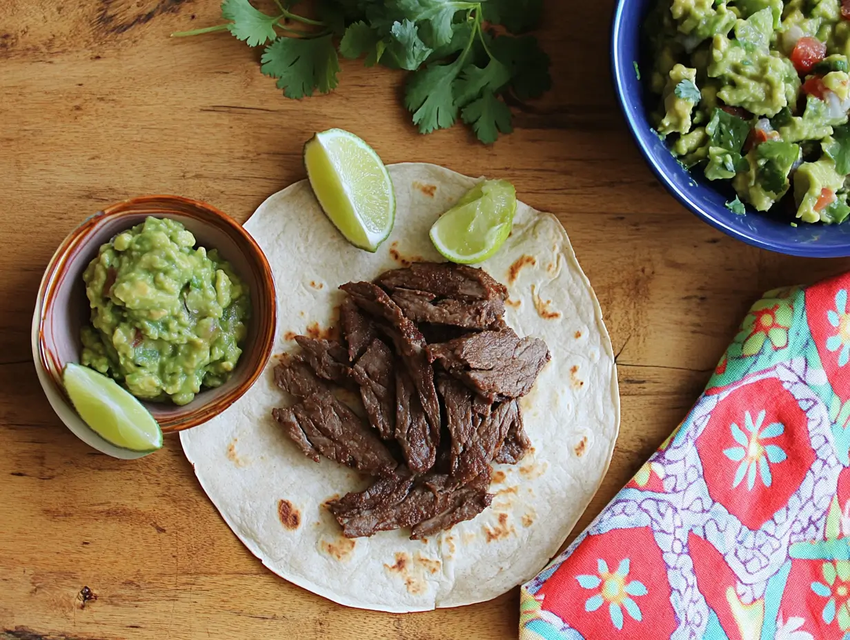 A tortilla filled with discada served alongside guacamole, salsa, and lime wedges on a rustic wooden table.