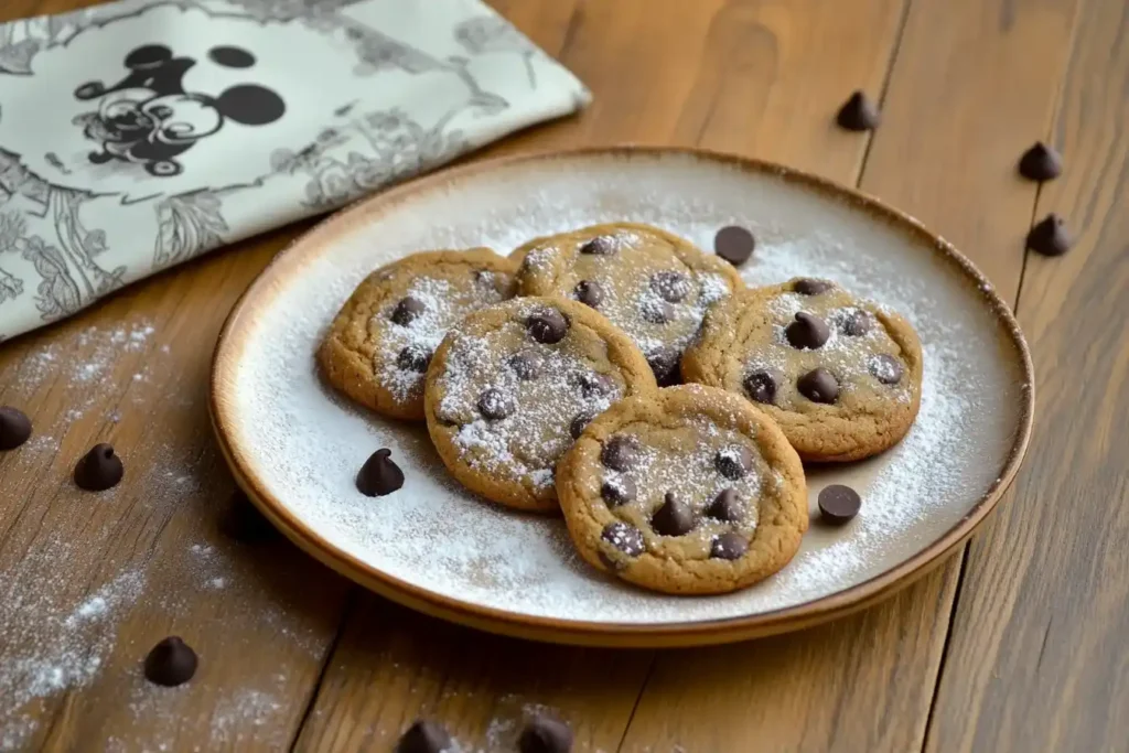 Freshly baked Disney chocolate chip cookies on a wooden table with chocolate chips scattered around.