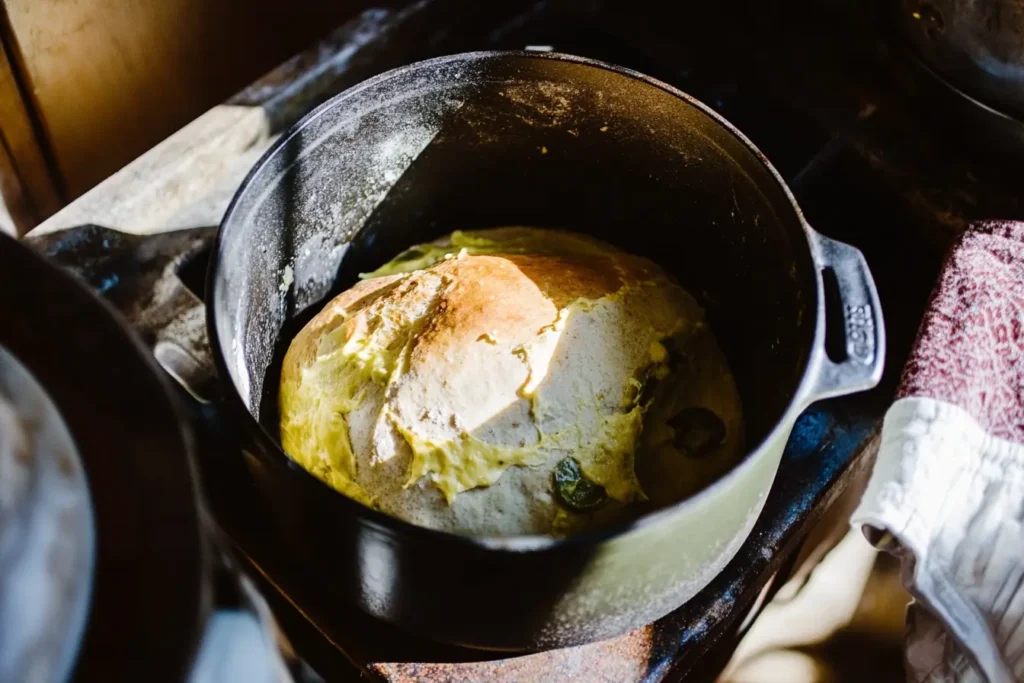 Vegan jalapeno cheese artisan bread baking in a Dutch oven with steam escaping, golden crust forming.