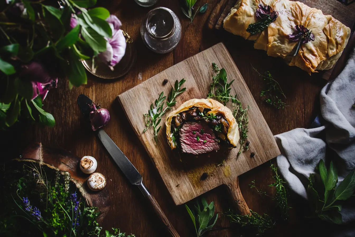 Perfectly sliced Beef Wellington with golden puff pastry and tender beef on a wooden board, ideal for holiday dinners