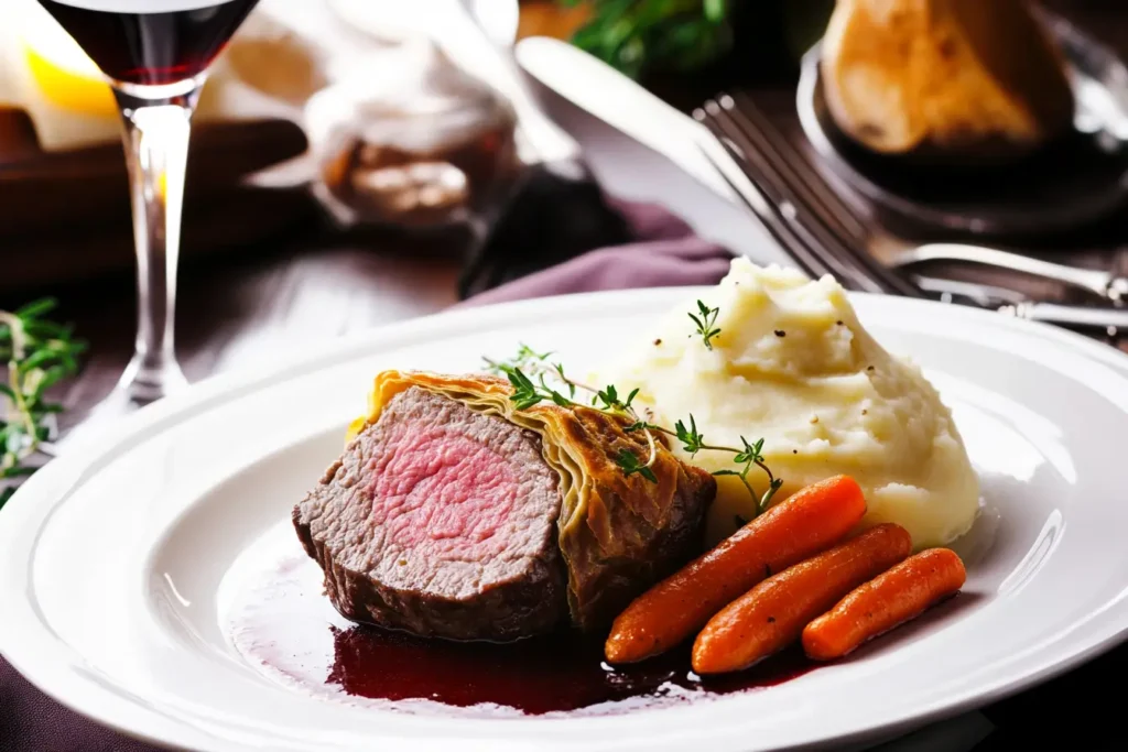 Plated Beef Wellington slice with red wine sauce, roasted carrots, and mashed potatoes, garnished with fresh herbs